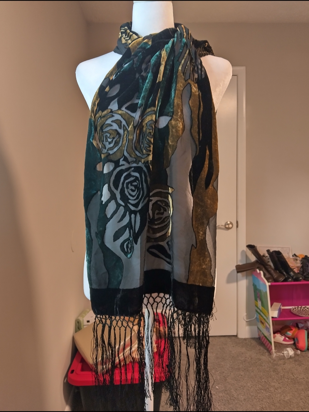 Lux Velvet Floral Fringe Scarf in Teal and Gold